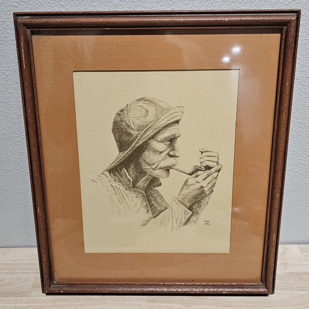Joni Eareckson Framed Print "Old Salt" Drawing Man Lighting Pipe Pencil on Paper